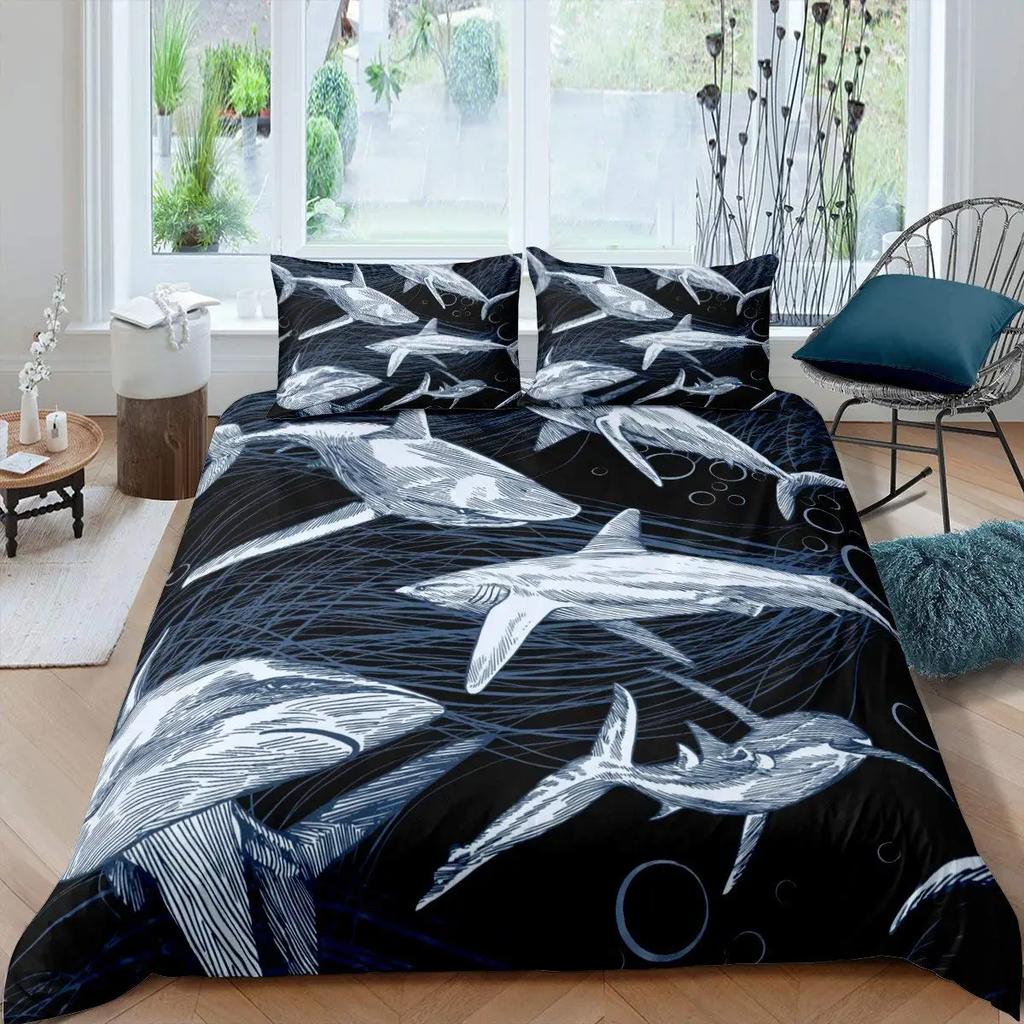 Shark Duvet Cover Ocean Watercolor Fish Quilt Cover Sea Animal Marineland Theme Decoration Bedding For Children Boys Girls Gifts