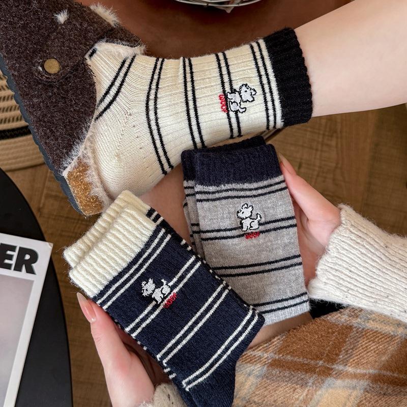 Socks Women Thickened Striped Embroidery Versatile College Stacks Socks Socks Winter
