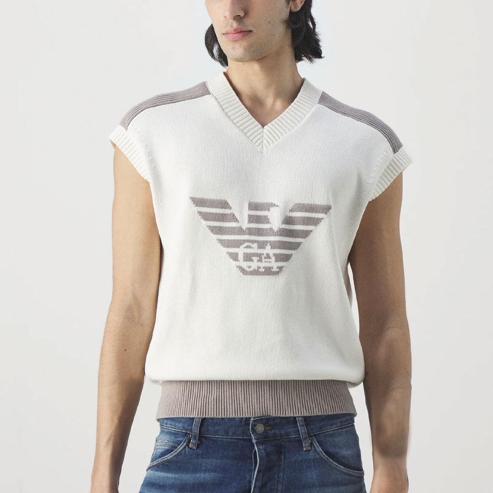 Emporio Armani Ss24 Logo Knit V-Neck Casual Vest Men tops Off-White 3D1MXU-1MQDZ-0128