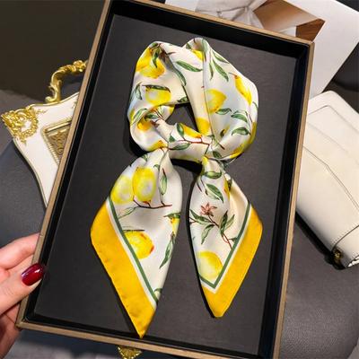 70cm Square Lemon Print Yellow Square Silk Scarf Casual Elegant Thin Breathable Neck Women Windproof Head Wrap Hair Scarves 2025