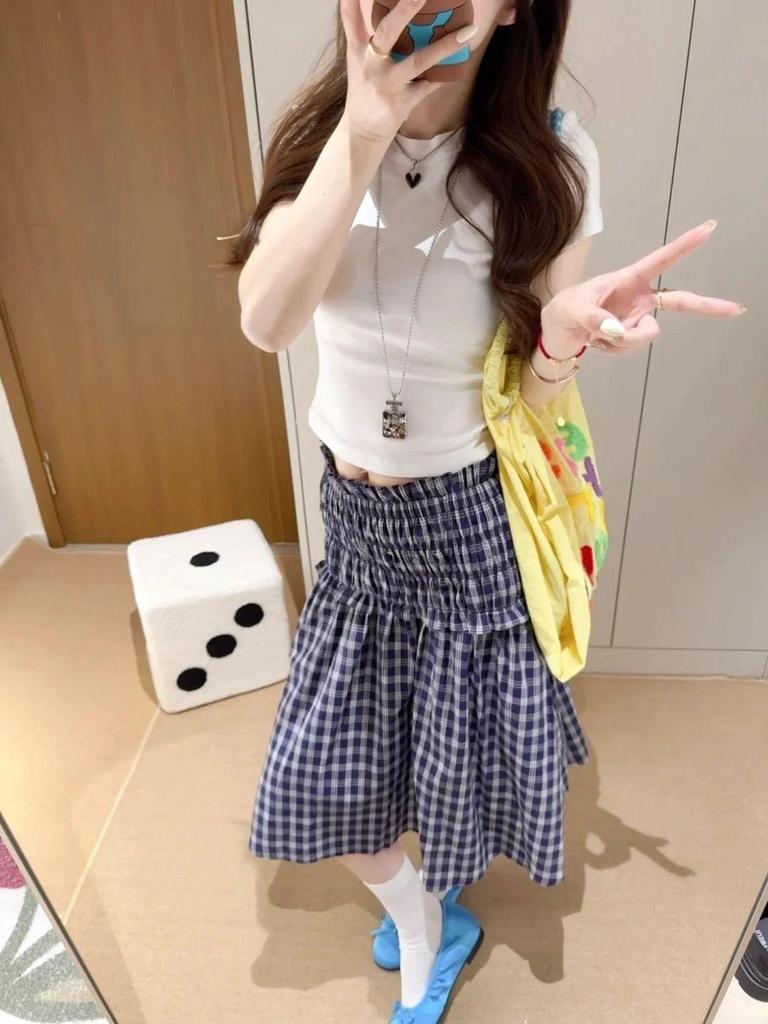 Blue Plaid Women's High Waist A-Line Midi Skirt - Petite, Versatile, and Loose-Fitting.