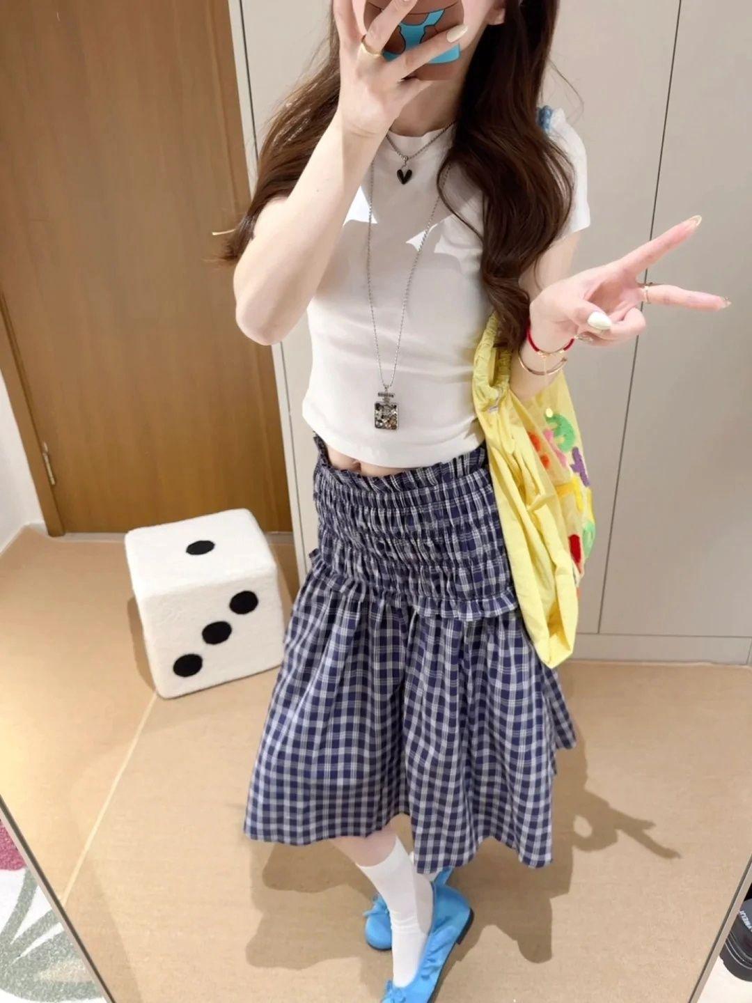 

Синяя клетчатая женская миди-юбка А-силуэта с высокой талией - Маленькая, универсальная и свободного кроя. Medium синий