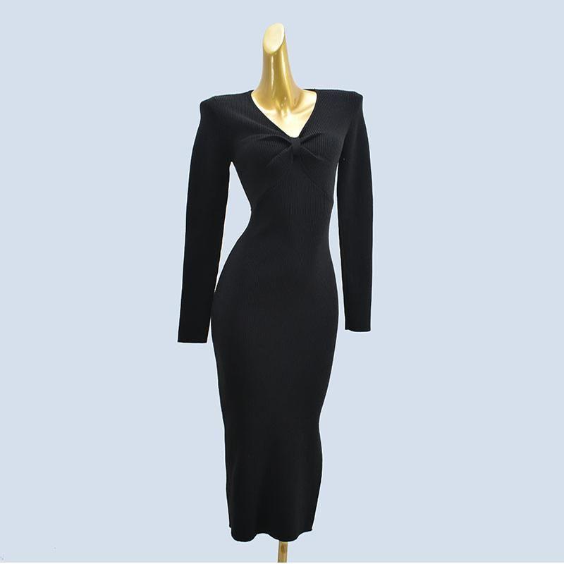 Thick Autumn and Winter Pleat V-neck Knitted dress Women Slim fit Sexy Elegant Elegant Split with Coat Hip Skirt