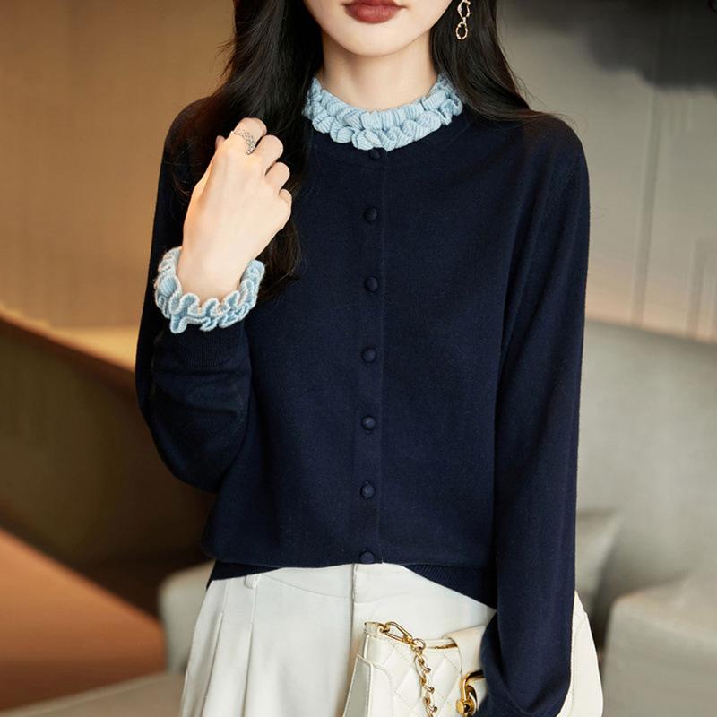 Elegant 2026 Autumn Winter Color Block Knit Cardigan for Women with Ruffle Lace Collar - Slimming and Stylish Outerwear Top