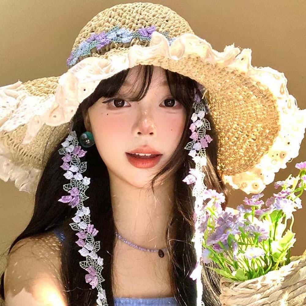 Solid Color Breathable Vacation Beach Cap with Garland with Lace Big Brimmed Straw Hat Sombrero Lightweight Woven Sun Cap Daily