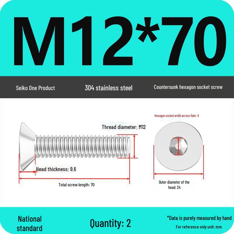 M2-M10 Stainless Steel Flat Head Machine Screws and Bolts Set, Countersunk Hex Socket Cap, 304 Grade.
