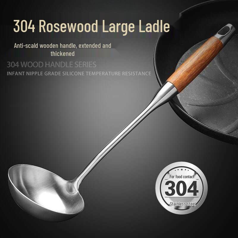 Pearwood Handle Stainless Steel Ladle - Long Handle Spoon for Soup, Porridge, and Stir-fry.