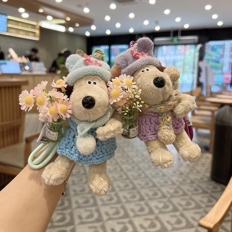 

Plush Chubby Dog Keychain with Knitted Dress and Flowers зелений