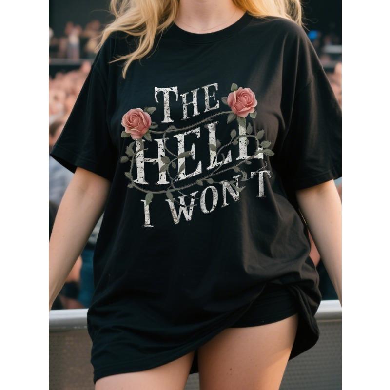 

Women s Plus Size Round Neck Short Sleeve T-Shirt Easter Rose Print The Hell I Won t Casual Streetwear Home Top Black White 4XL чорний