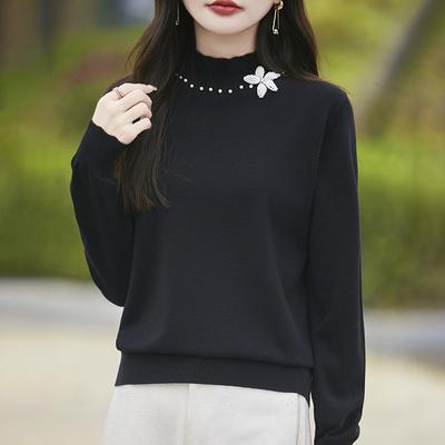 Einzigartiger Strick-Baselayer mit halbohem Kragen, Blumenperlen und neuem Damenstil, sanft für Frühling und Herbst
