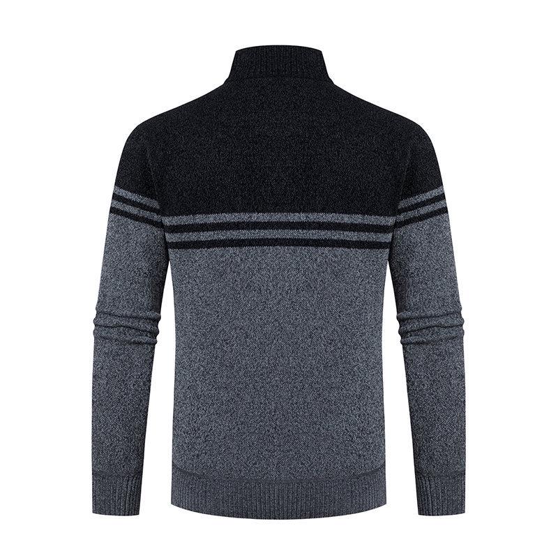 Men's Color Block Stand Collar Knitted Cardigan - Autumn/Winter Plus Velvet Long-Sleeve Sweater