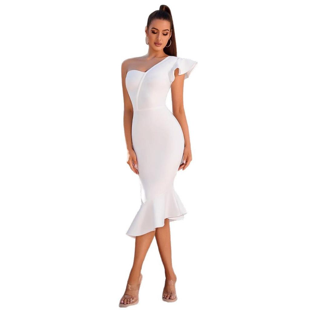 European and American Sexy Women's Shoulder Temperament Elegant Fishtail Bandage Skirt, Light and Tight Banquet Party Party Dress