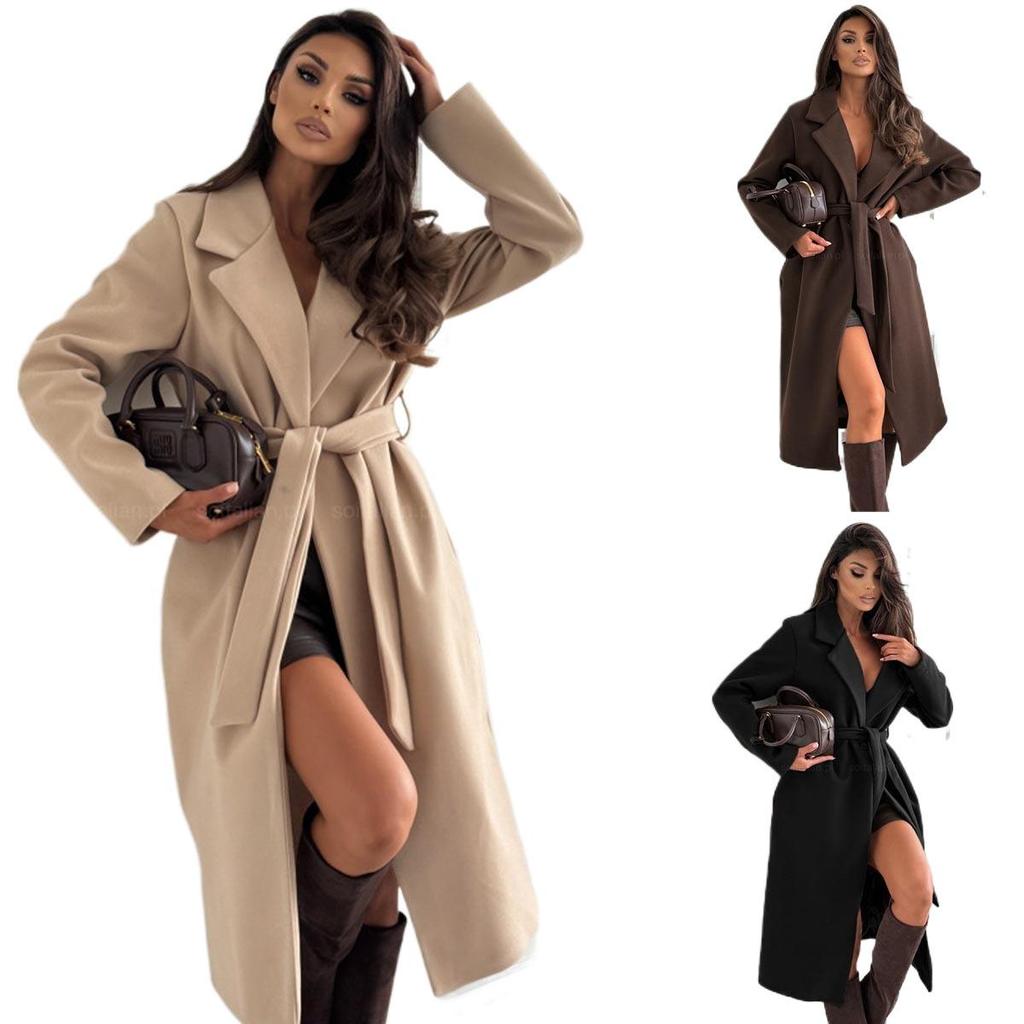 Minimalist Long-Sleeve Solid Color Wool Coat - Women's Autumn/Winter Fashion