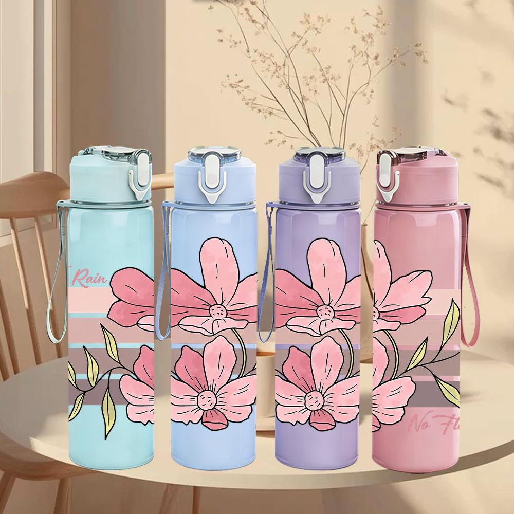 1PC Retro Striped Pink Magnolia 750ml Color Plastic Sports Water Bottle Leakproof Flip Straw Lid Suitable for Sports Office Home Use