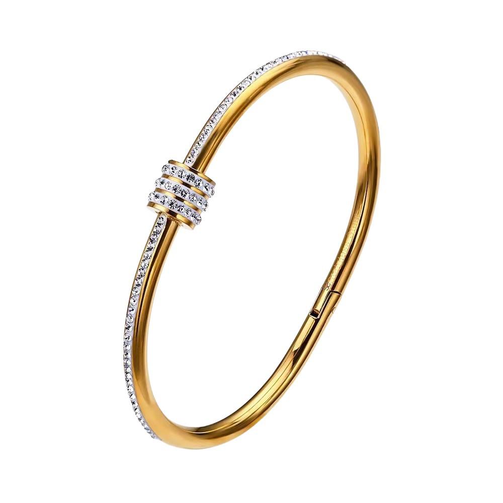 18k Gold Oval Bracelet with Full Star Diamond, Non-Fading Titanium Steel Bangle for Men & Women