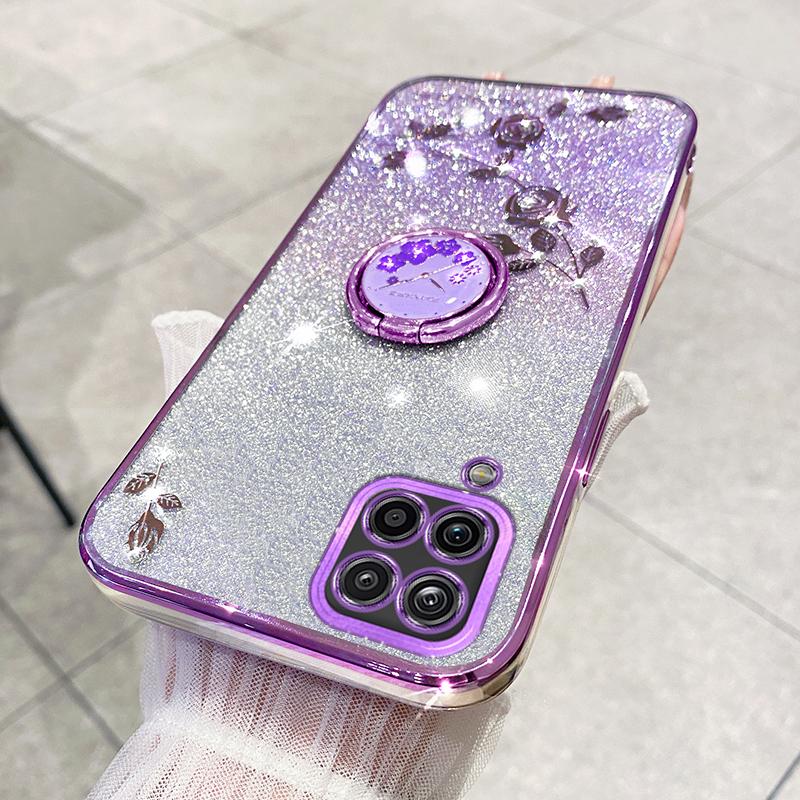 KADEM For Samsung Galaxy A42 5G Flower Rhinestone Decor TPU Cover Glitter Gradient Phone Case with Ring Kickstand