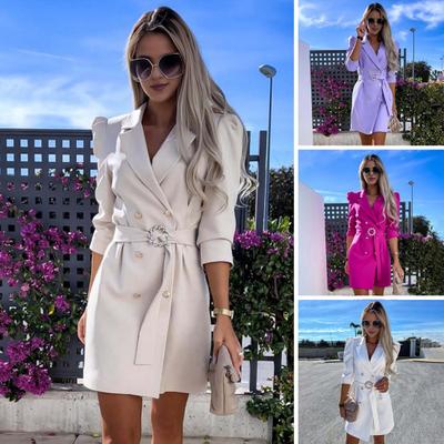 Women Business Dress Belted Waist Turn-down Collar V Neck Double-breasted Long Sleeves
