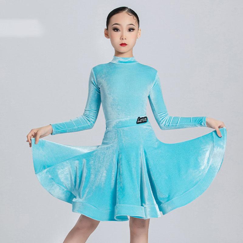 Dětský kostým na latinskoamerické tance s krátkým rukávem pro letní a podzimní trénink, ultratenký samet, dívčí soutěžní uniforma