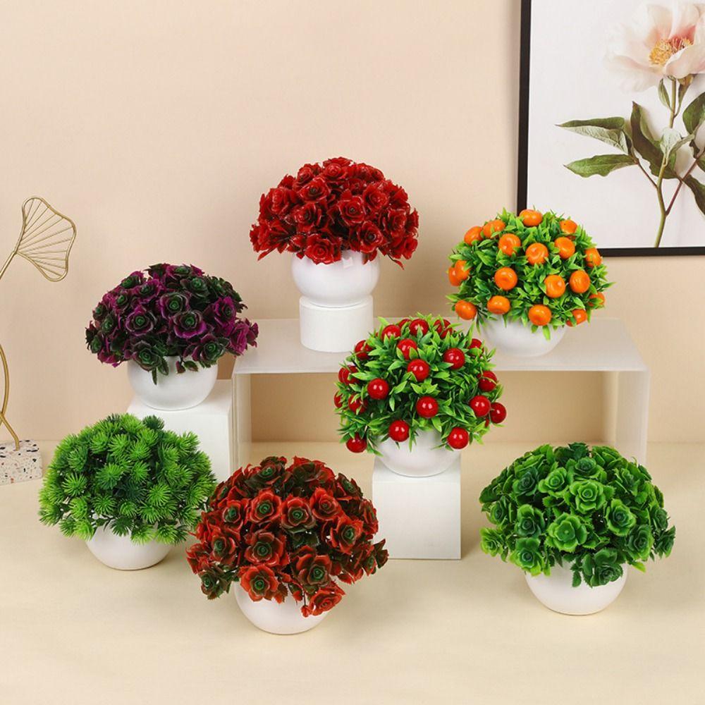 Plastic Artificial Plants Potted 6 Styles Home Garden Decor Rose Flower Plant Fake Flowers