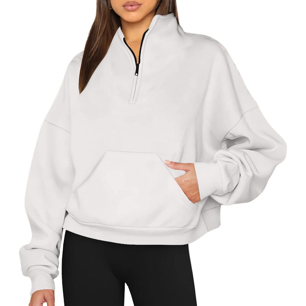 Women's Casual Fashion Long Sleeve Solid Color Zip Pocket Sweatshirt Top