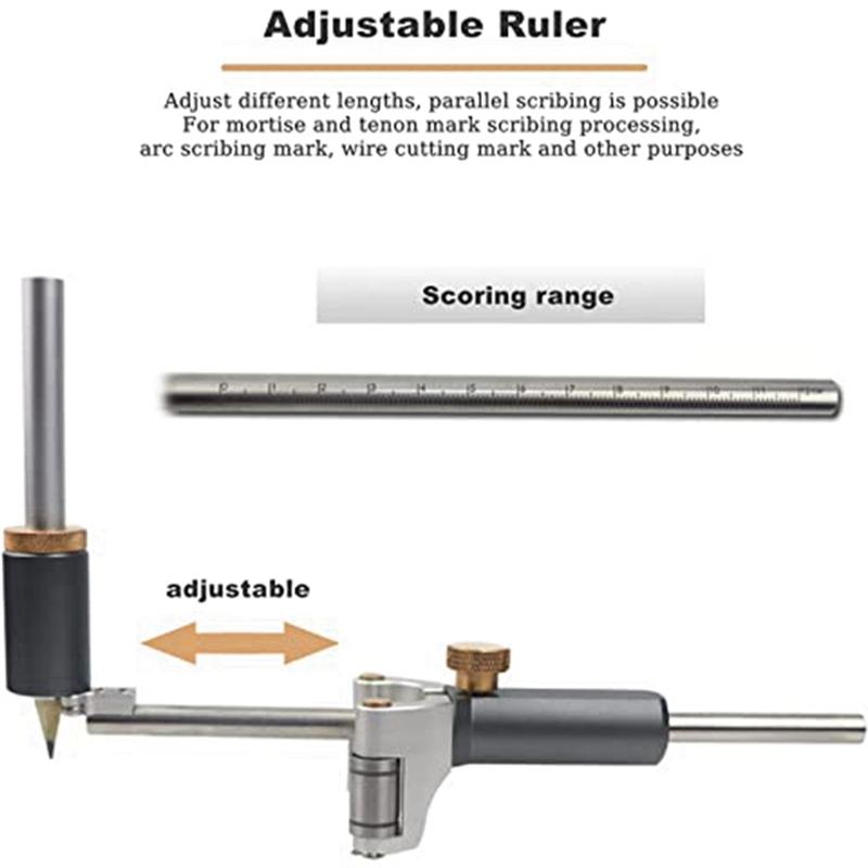 ABMH-Straight Line Arc Dual-Use Line Ruler Parallel Line Drawing Pen Aluminum Alloy Multi-Functional Woodworking Sliding Silver