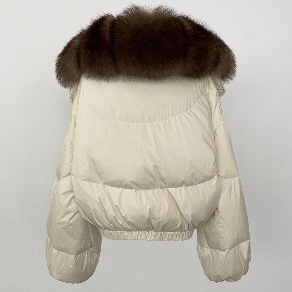 OFTBUY Jachetă de lux îngroșată și caldă de puf, la modă de iarnă, 90% puf de rață alb, haină scurtă pentru femei, cu guler de blană supradimensionat