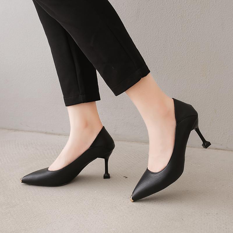 Weiche Pu-Leder-Pumps mit dünnen Absätzen, Damenmode, Metall, spitze Zehen, High Heels, Schuhe für Damen, neue Zwei-Wege-Büro-Freizeitschuhe