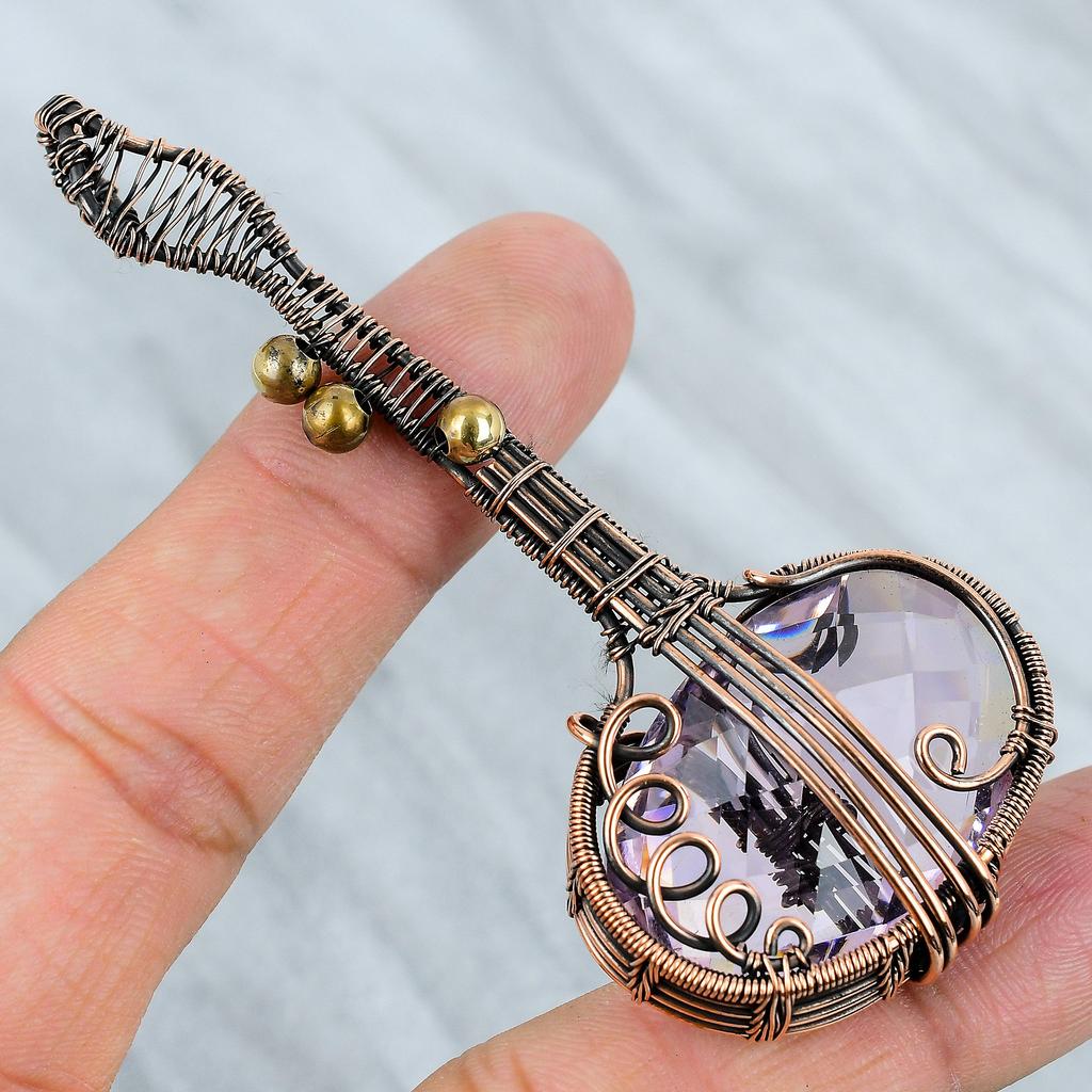 Pandantiv Cupru Kunzit Roz Pandantiv Înfășurat în Sârmă de Cupru Pandantiv Mare din Cupru Pandantiv Handmade în Formă de Chitară Bijuterii cu Pietre Prețioase Pandantiv Instrument Muzical