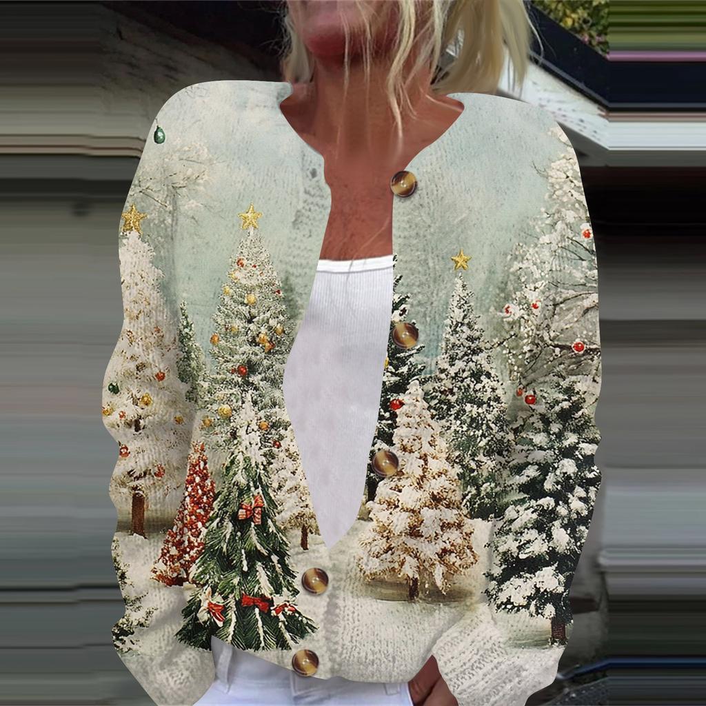Women's Fashion Printed Long Sleeve Knitted Cardigan Button Down Jacket