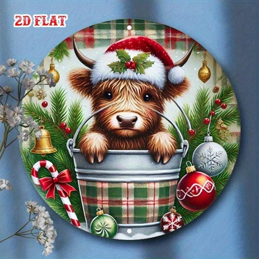 Rustic Scottish Highland Cow Metal Wall Art Round Plaque Farmhouse Decor 7.8 Inch