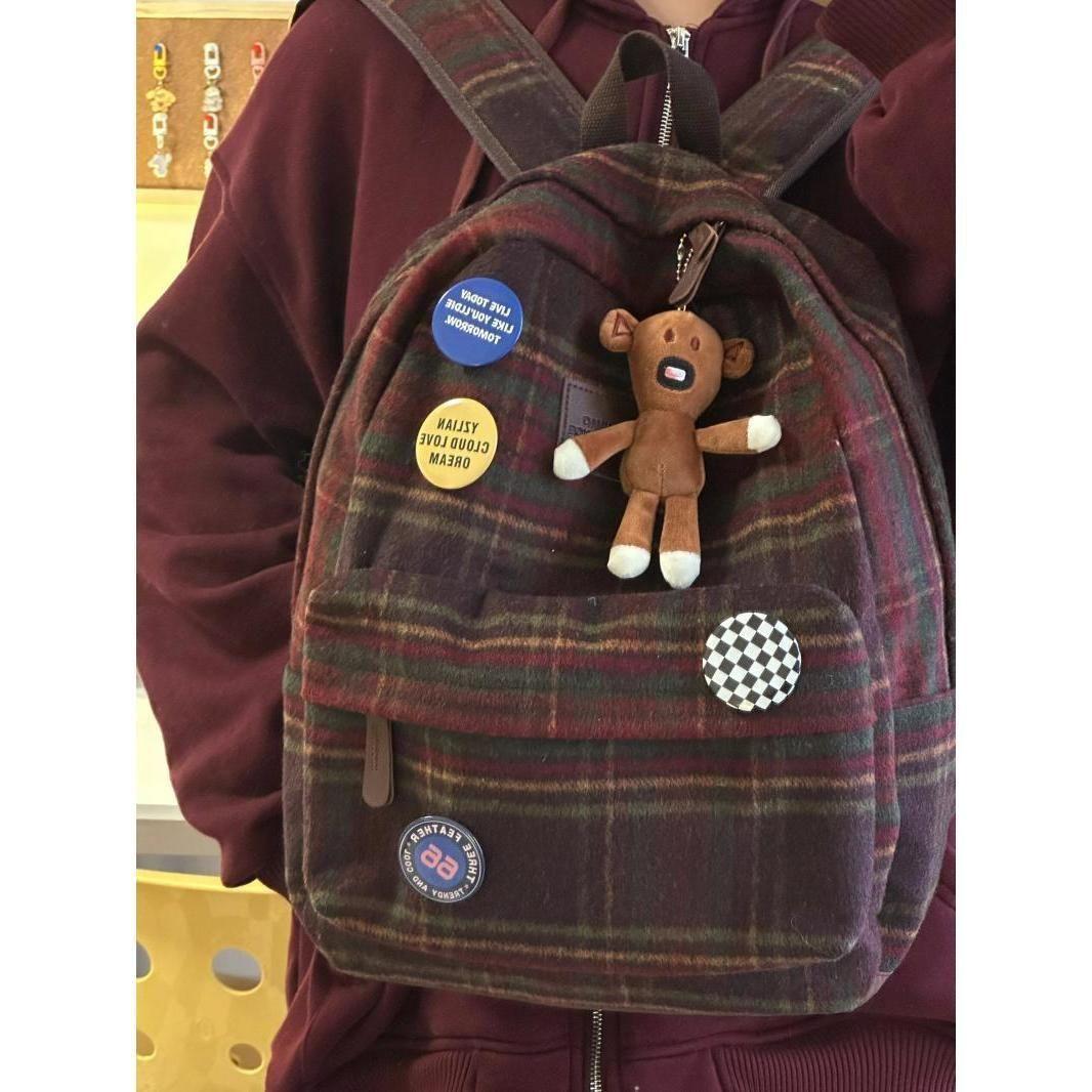 

College Style Retro Woolen Junior High School Schoolbag Spring Versatile Plaid Commuter Backpack