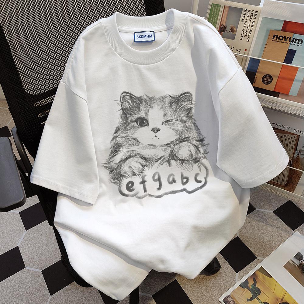 

Unisex American Retro Cat Print Plus Size Short Sleeve T-Shirt - Trendy Loose Fit for Couples 2XL (131-155 jin) белый