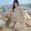 Golden Velvet Lace Trim Pajama Set for Women - Long-Sleeved & Pants, Autumn/Winter Court Style, Luxuriously Comfortable Homewear.