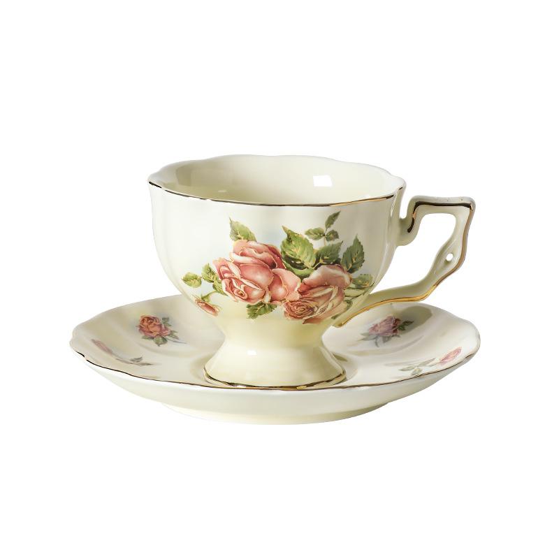 Retro Rose Flower Coffee Cup and Saucer Set- Ceramic Teapot and Tea Cup with Gold Trim, Suitable for Tea Party Gifts ( 2 Cup and 1 Teapot)
