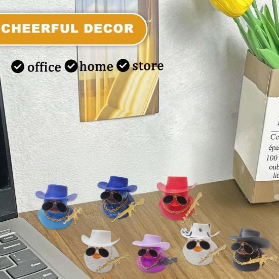 Duck Ornament Squeaky Car Dashboard Decoration Set Funny Yellow Duck Figure with Cowboy Hat Sunglasses Golden Chain Decor