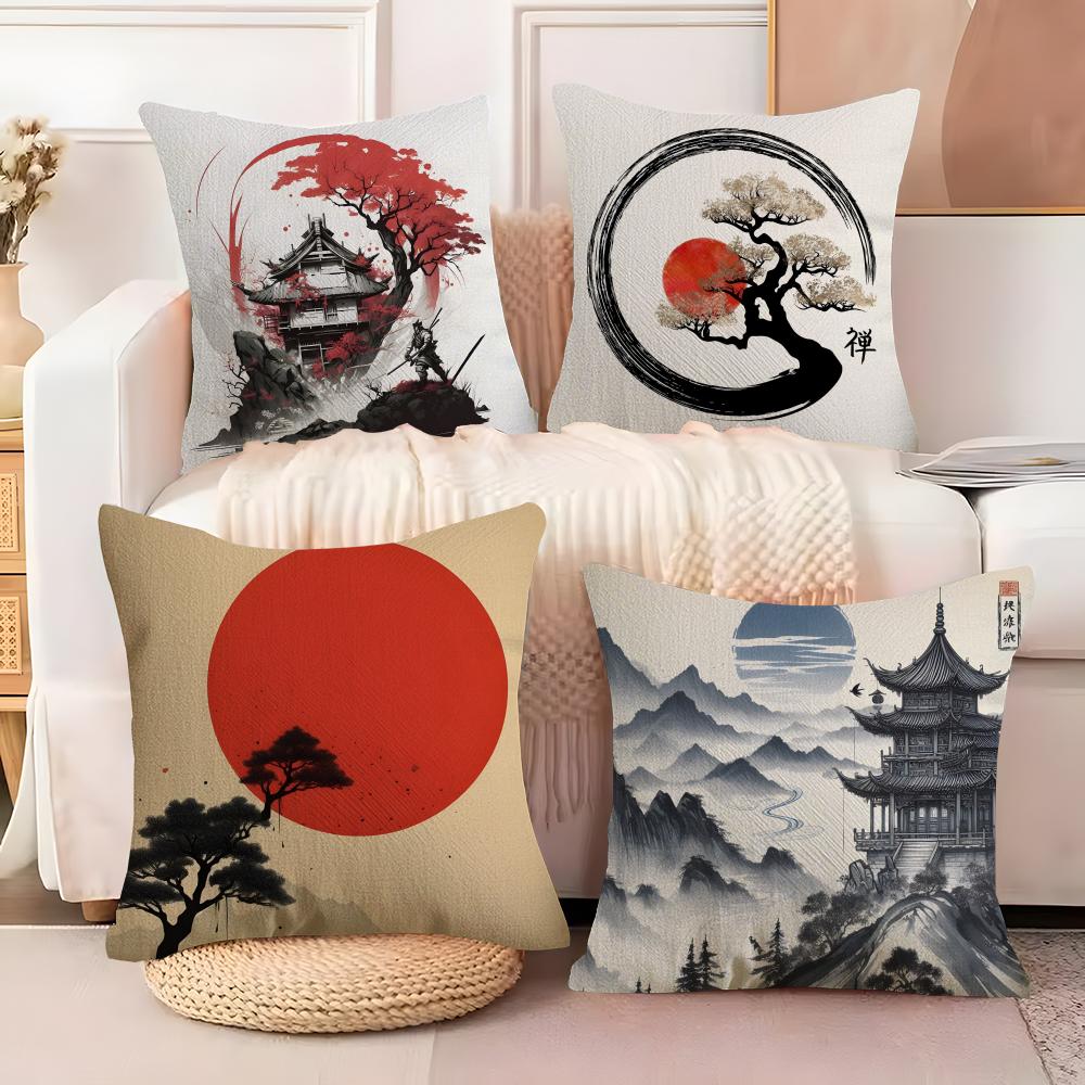 Chinese Ink Painting Style Cushion Cover Natural Linen Organic Fabric DoubleSided Printing Sofa Home Decor Breathable