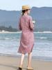 Women's Artistic Linen Embroidered Qipao Style Midi Dress - High-End V-Neck, Improved Frog Button, Retro A-Line