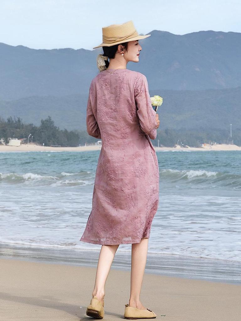 Women's Artistic Linen Embroidered Qipao Style Midi Dress - High-End V-Neck, Improved Frog Button, Retro A-Line