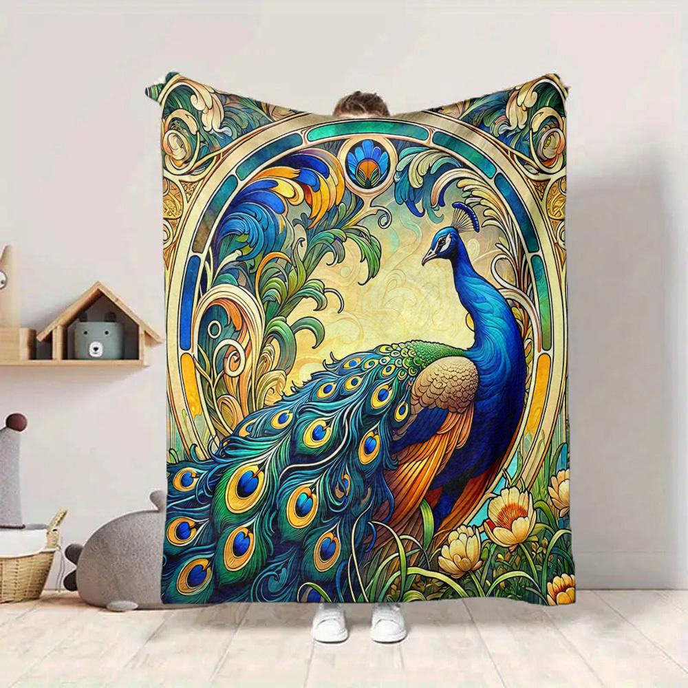 1pc Peacock Garden Lightweight Flannel Blanket, Comfortable and Warm Blanket, for Office and Camping Sofa Bed, Livingroom194