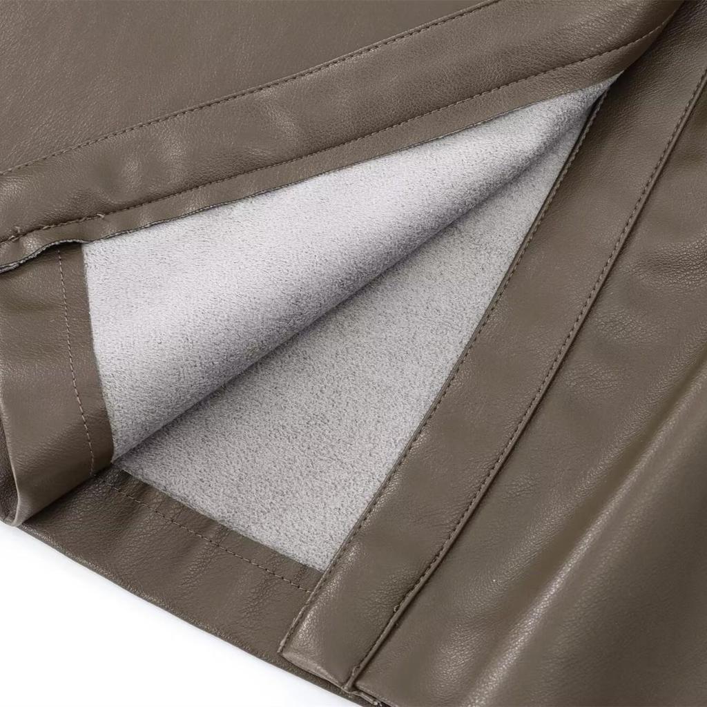 Spring 2025 Women's Slim Fit Faux Leather Belted Long Sleeve Dress