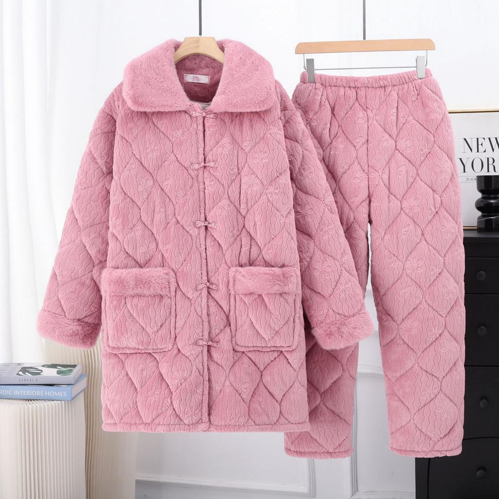 Women's Sleepwear Autumn Winter Coral Fleece Three-layer Padded Pajamas Thickened Plush Flannel Loungewear Set