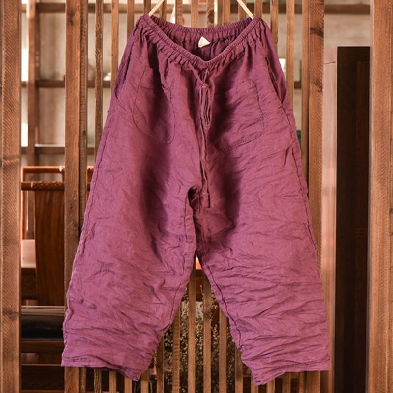 

Johnature женские винтажные брюки с эластичной резинкой на талии, повседневные весенние брюки с поясом, однотонные длинные брюки с карманами в стиле пэчворк L фиолетовый