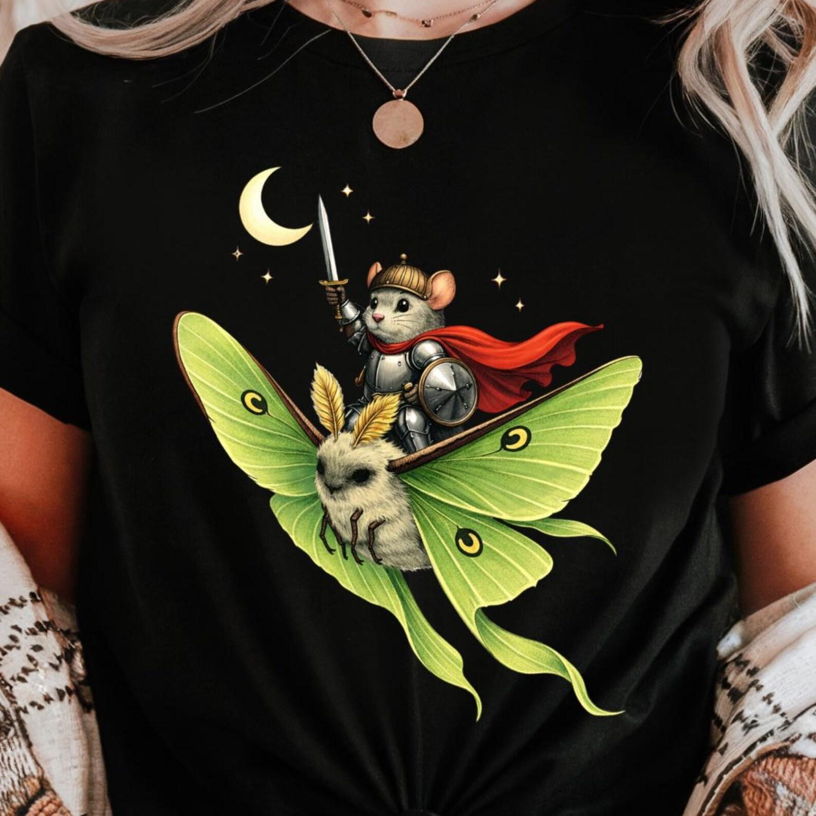 Mouse Knight Luna Moth Shirt | Fantasy Animal Riding Insect Tee | Whimsical Night Creature Apparel 2XL