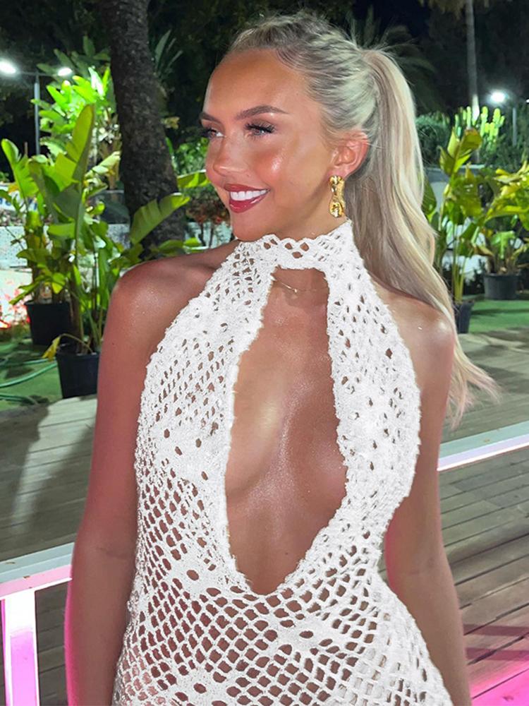 EDOLYNSA Mini robe de plage en maille découpée, col rond, bretelles découpées, Sexy, vêtements de plage, vacances, Cover-Up pour les maillots de bain, A2854, été 2024