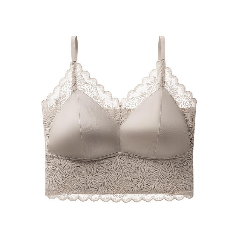 French Lace Satin Camisole Bra, Sexy Deep V Push Up Fixed Cup Bandeau Backless Integrated Lingerie for Women M
