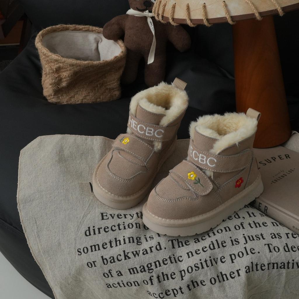 XSHX Retro "embroidered Wool Mouth" Children's Cold-proof Leather Snow Boots Winter Girls Velcro 249091