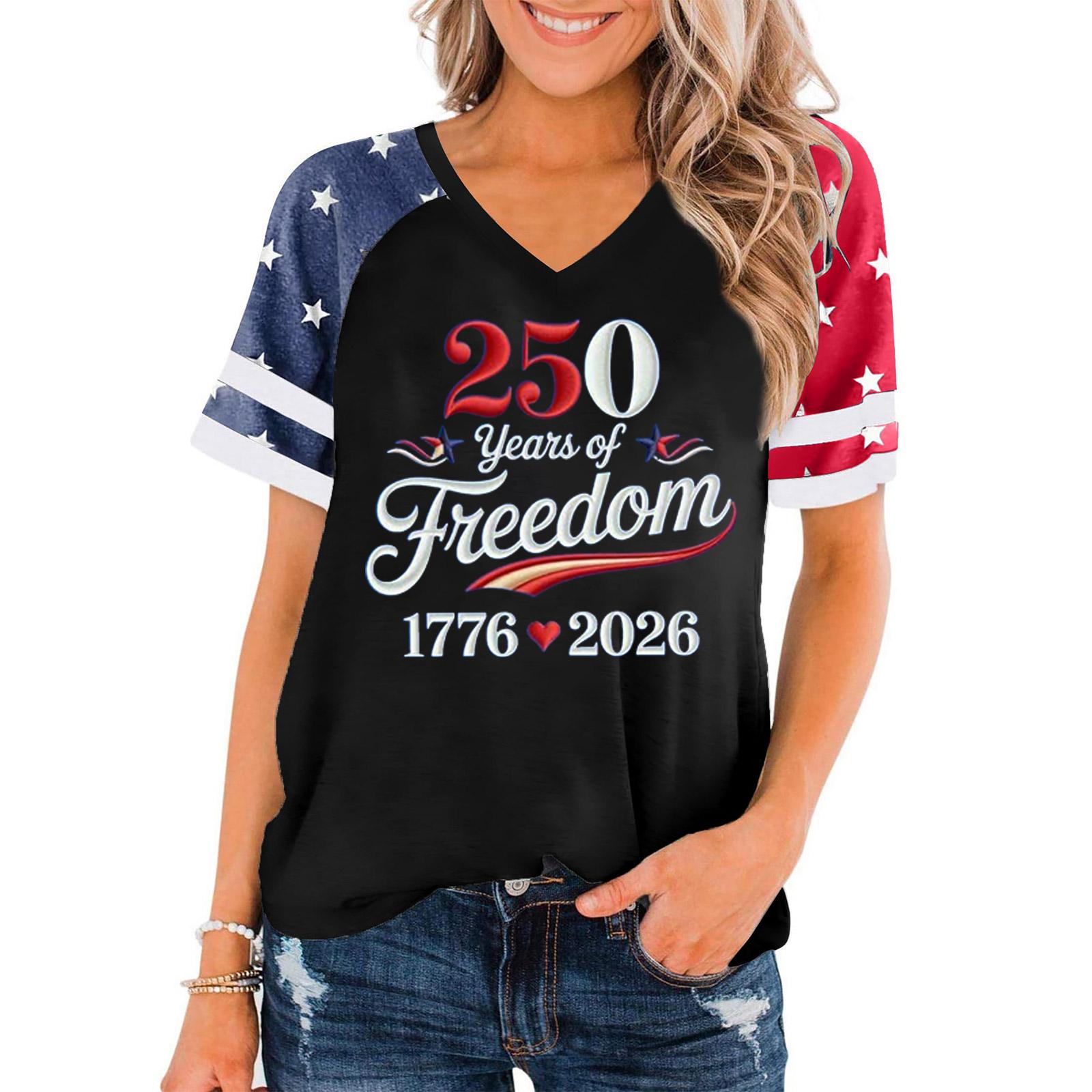 

Women s Casual V Neck Short Sleeve Pullover T Shirt Independence Day Graphic Tee 250 Years of Freedom 1776 2026 Commemorative Top M чёрный