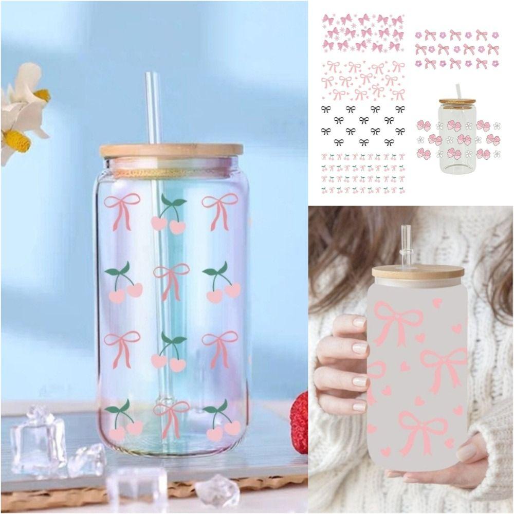 Clear Libbey Glasses Wraps Bow Theme Cup Decals Creative Pink Bow Decals  For 16Oz Glass Cup
