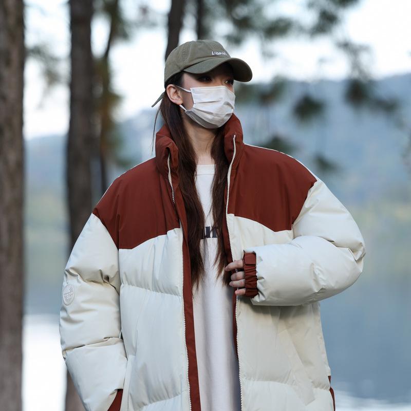 

Contrasting Color Splicing Stand-up Neck Cotton Clothes Men s Winter Thickened Warm Loose Bread Clothes Trendy Brand Cotton-padded Clothes Jacket M абрикосовый