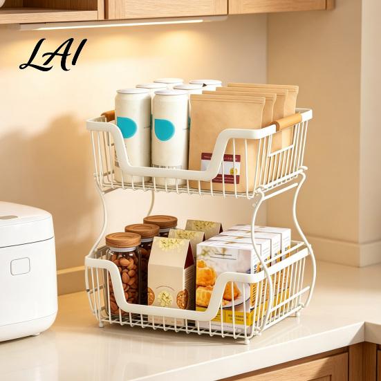 Office Desk Storage Shelf 2/3 Layer Countertop Organizer Rack Heavy Duty Fruit Basket Stand Sturdy Desktop Space Saving Carbon Steel Rack